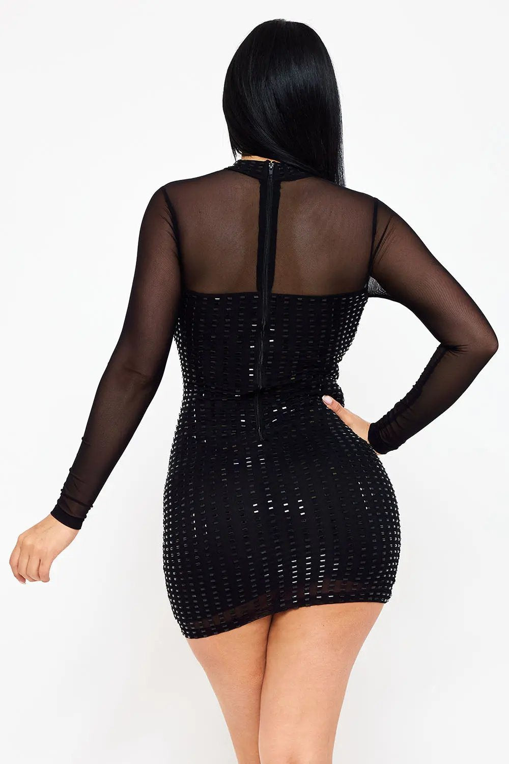 Mesh Mini Dress – Power Mesh Rhinestone Sheer Panel Turtleneck BOUTINIE