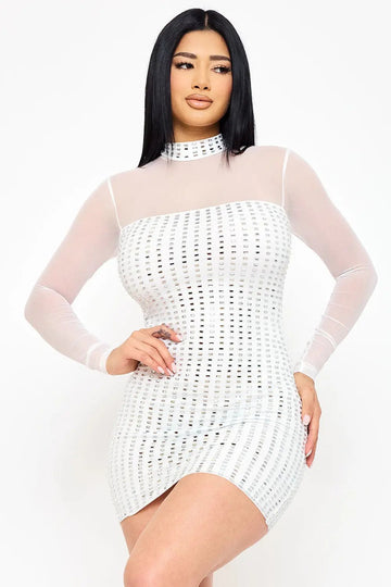 Mesh Mini Dress – Power Mesh Rhinestone Sheer Panel Turtleneck BOUTINIE