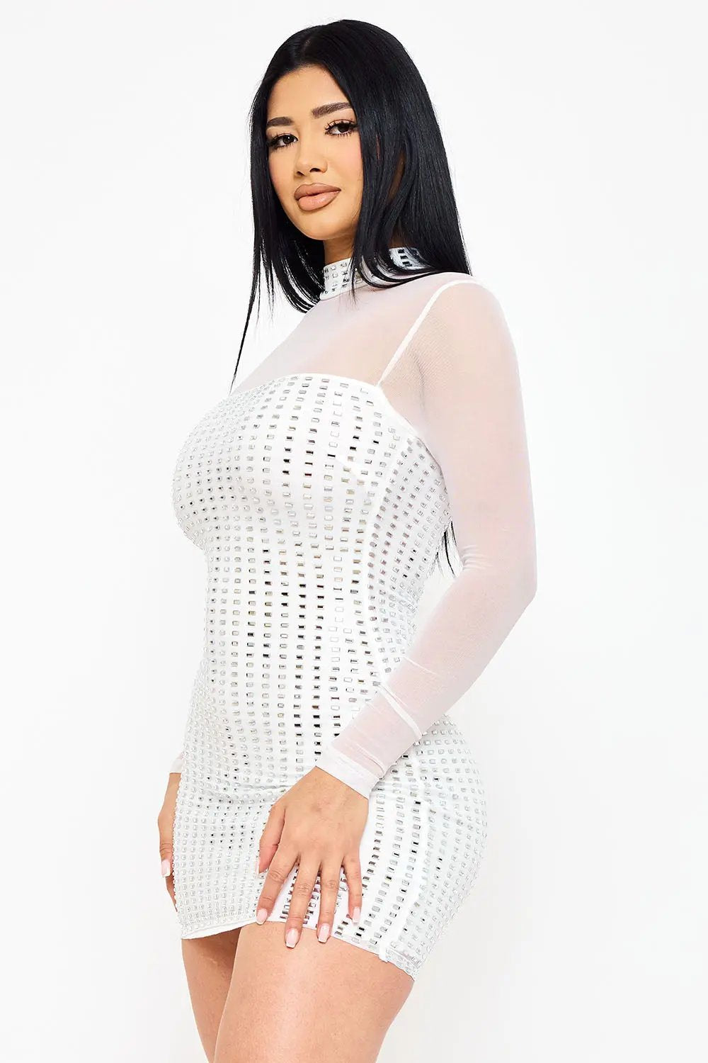Mesh Mini Dress – Power Mesh Rhinestone Sheer Panel Turtleneck BOUTINIE