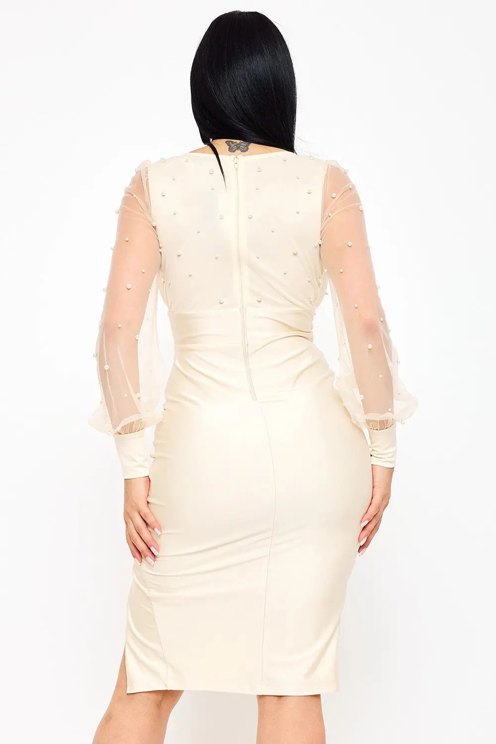 Pearl Beaded Midi Dress - Sheer Balloon Sleeve Elegance BOUTINIE