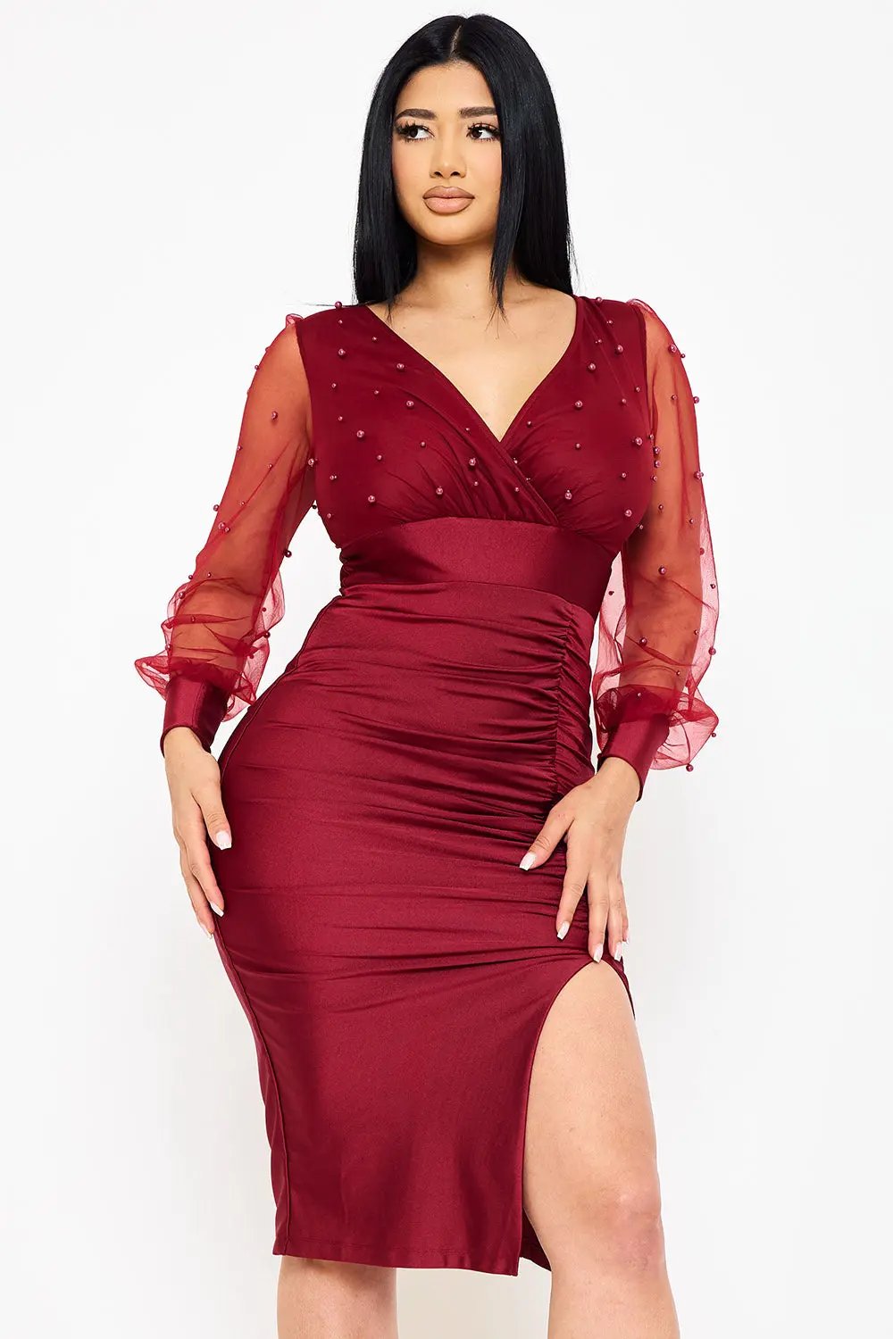Pearl Beaded Midi Dress - Sheer Balloon Sleeve Elegance BOUTINIE