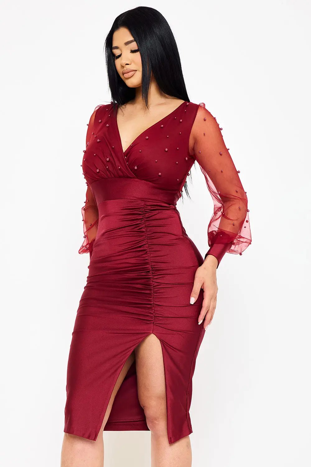 Pearl Beaded Midi Dress - Sheer Balloon Sleeve Elegance BOUTINIE