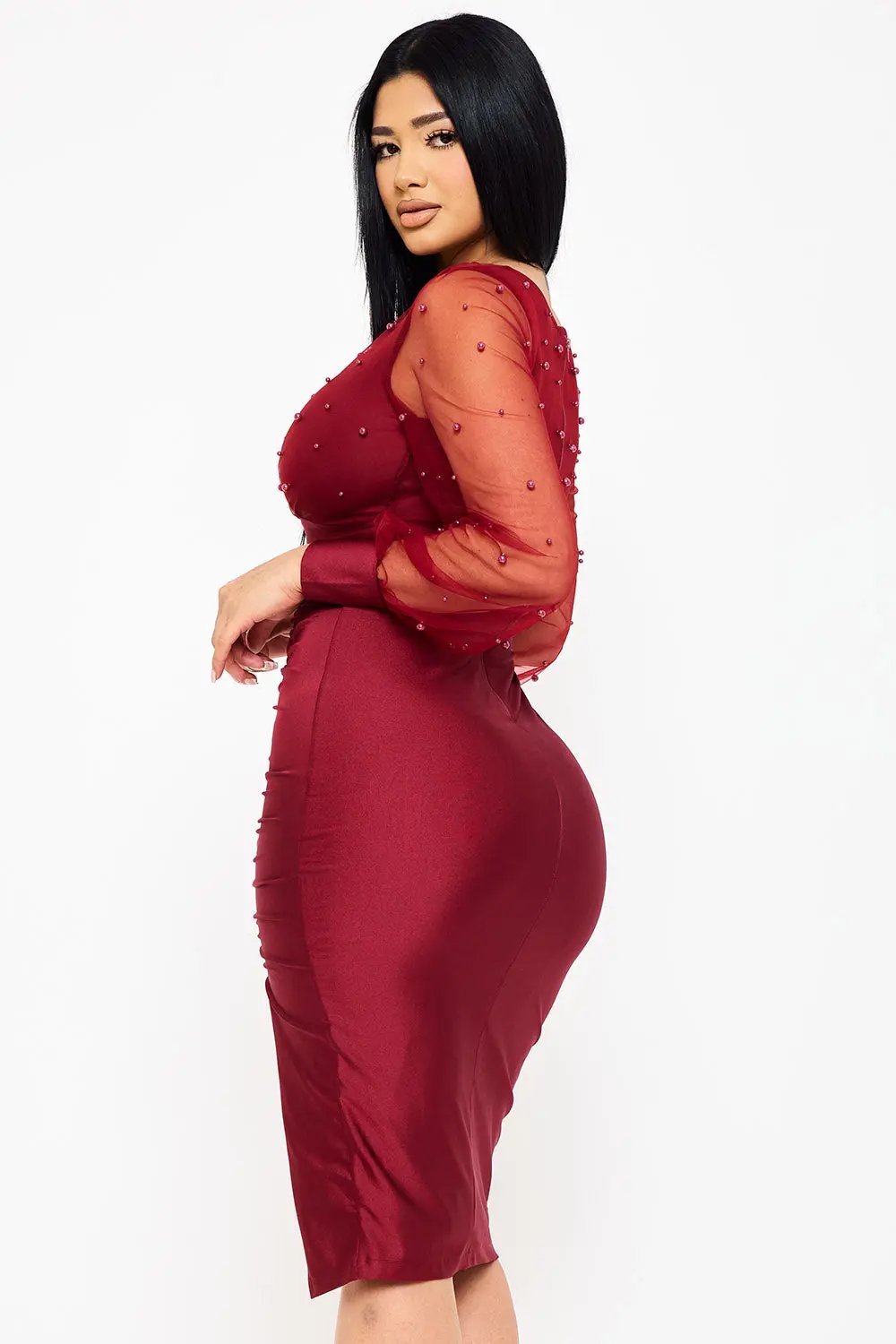 Pearl Beaded Midi Dress - Sheer Balloon Sleeve Elegance BOUTINIE