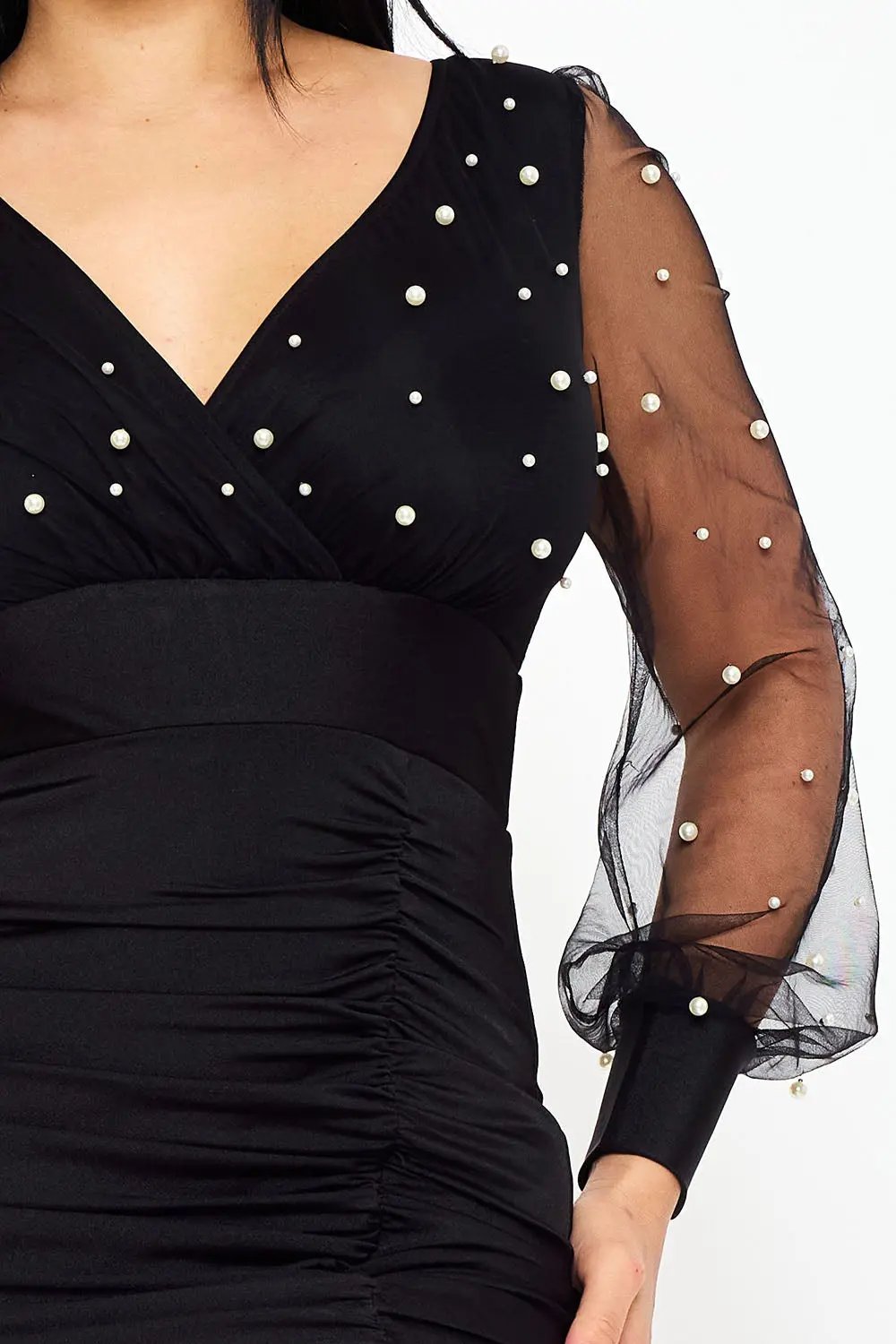 Pearl Beaded Midi Dress - Sheer Balloon Sleeve Elegance BOUTINIE