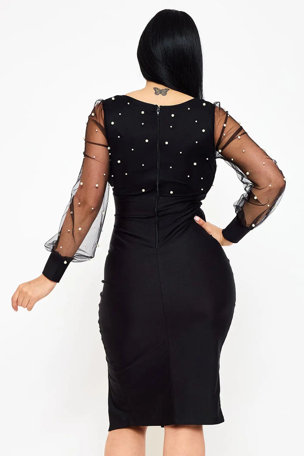 Pearl Beaded Midi Dress - Sheer Balloon Sleeve Elegance BOUTINIE