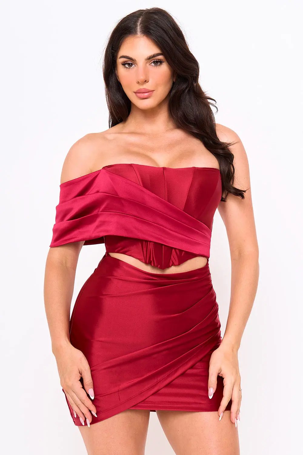 One Sleeve Mini Dress – Pearl Satin Corset Waist Tulip Hem BOUTINIE