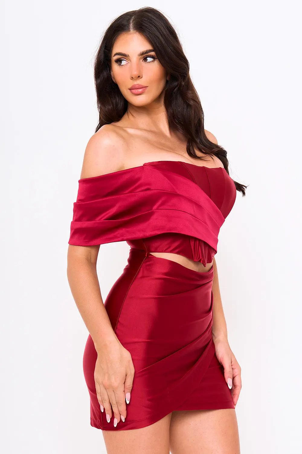 One Sleeve Mini Dress – Pearl Satin Corset Waist Tulip Hem BOUTINIE