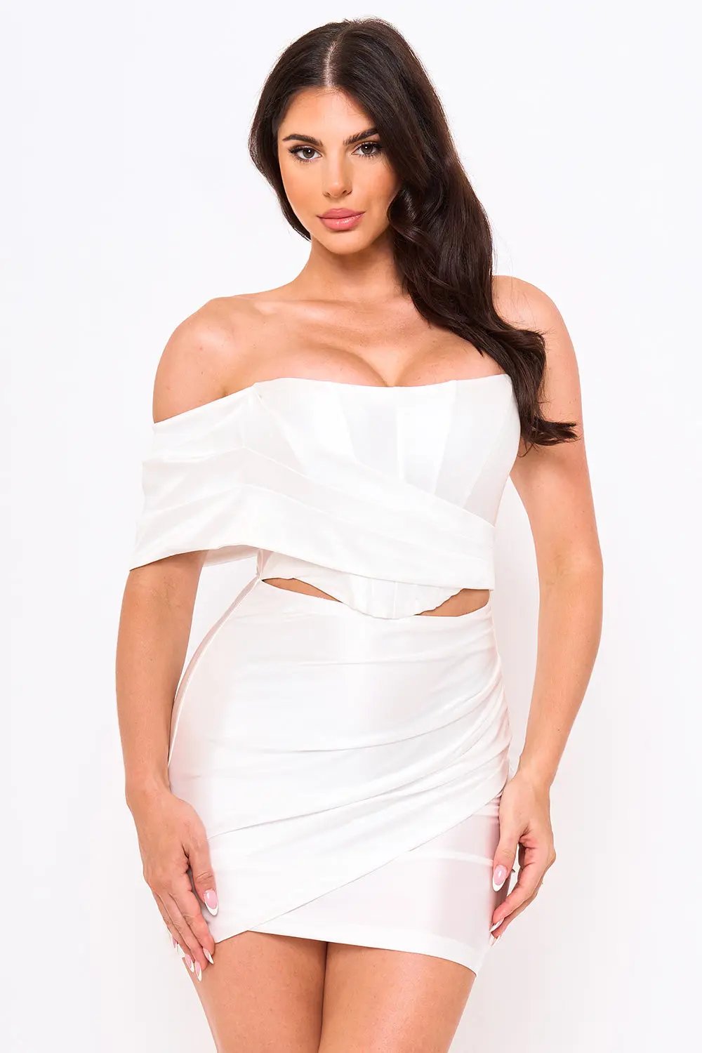 One Sleeve Mini Dress – Pearl Satin Corset Waist Tulip Hem BOUTINIE