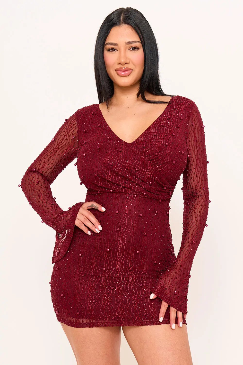 Pearl Mesh Mini Dress - Wavy Sheer Long Sleeve Pleated Waist BOUTINIE