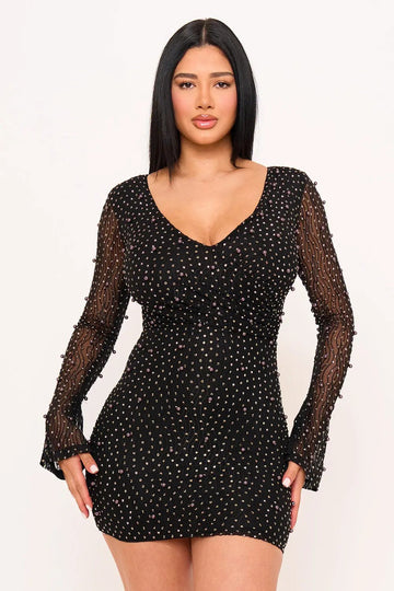 Pearl Mesh Mini Dress - Wavy Sheer Long Sleeve Pleated Waist BOUTINIE