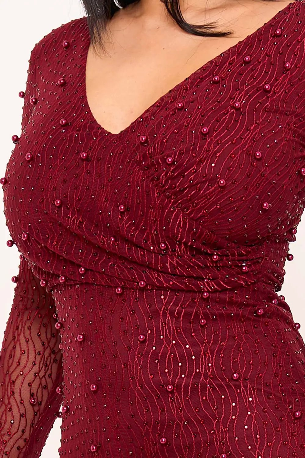 Pearl Mesh Mini Dress - Wavy Sheer Long Sleeve Pleated Waist BOUTINIE