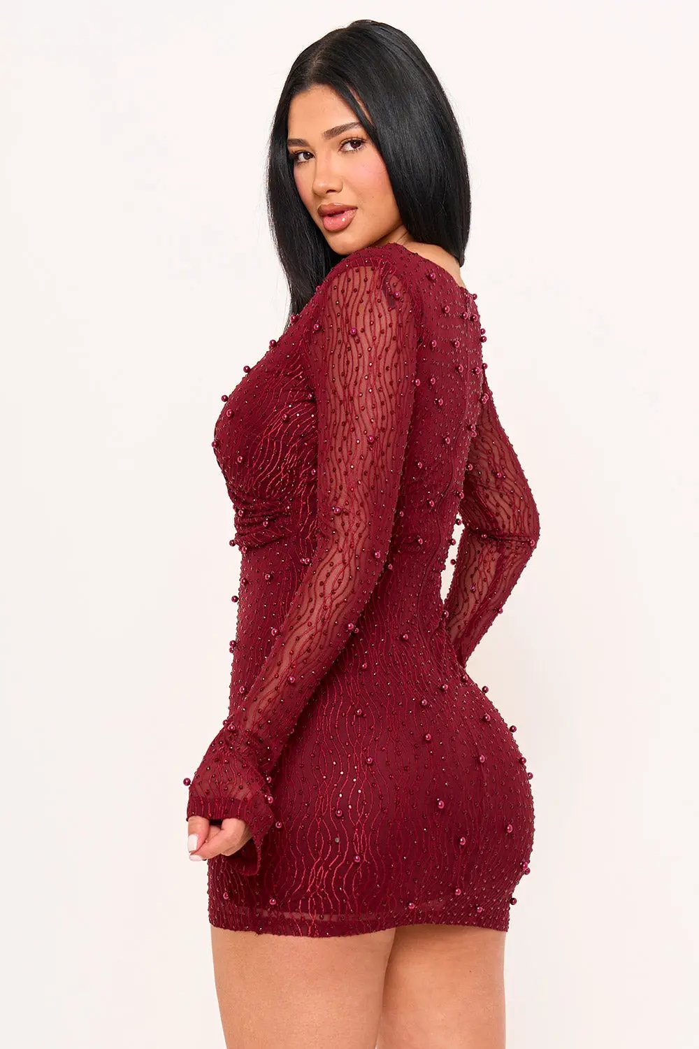 Pearl Mesh Mini Dress - Wavy Sheer Long Sleeve Pleated Waist BOUTINIE