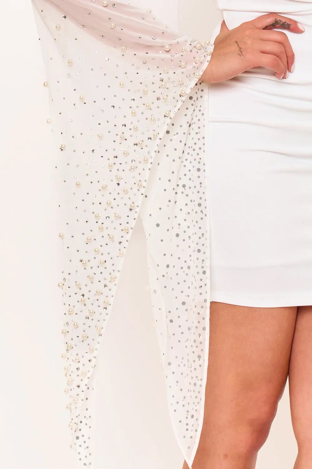 One Sleeve Mini Dress - Beaded Mesh Draped Cocktail Dress BOUTINIE