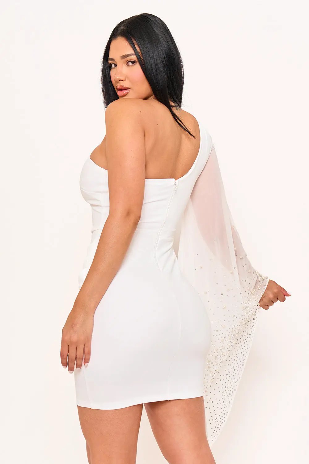 One Sleeve Mini Dress - Beaded Mesh Draped Cocktail Dress BOUTINIE