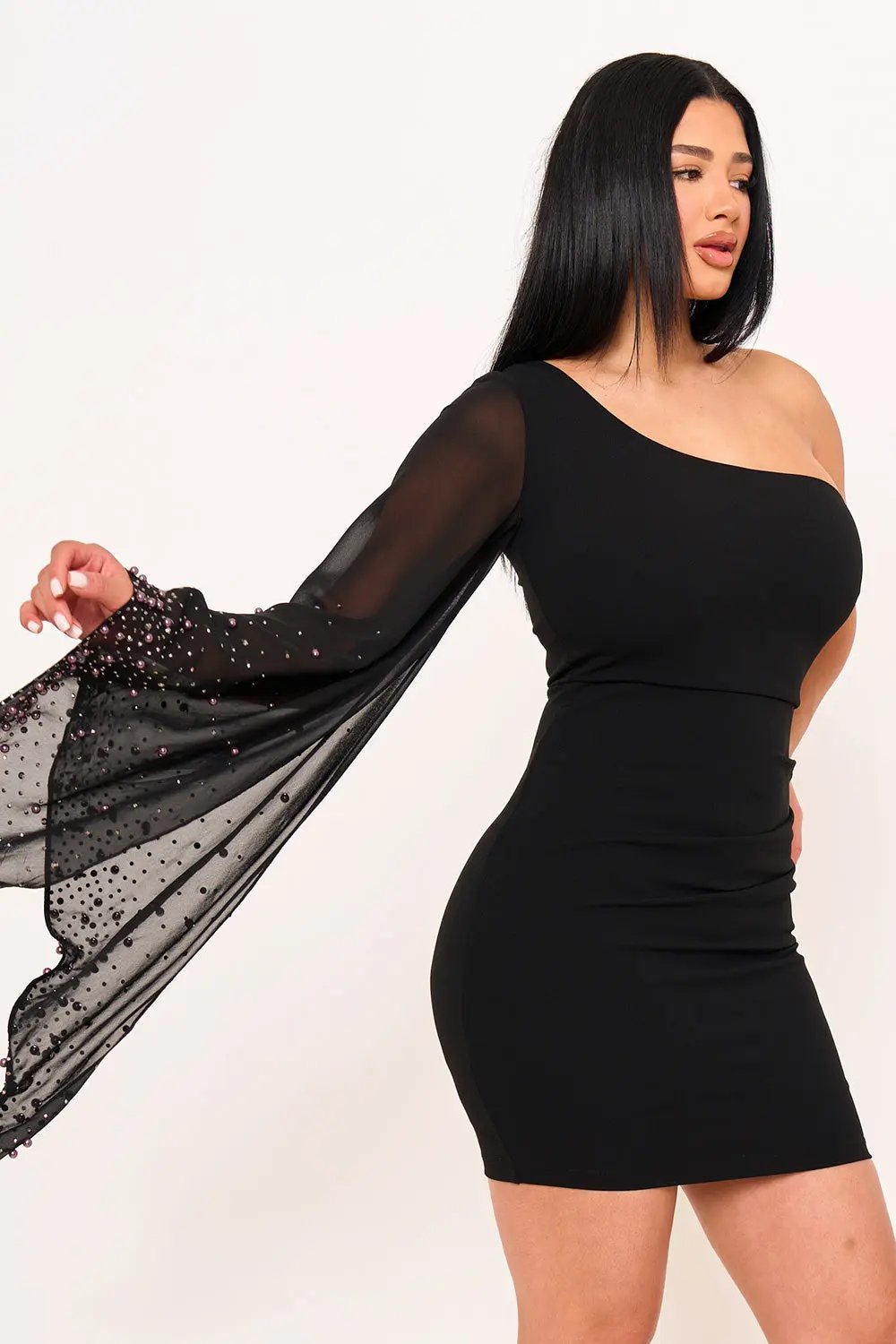 One Sleeve Mini Dress - Beaded Mesh Draped Cocktail Dress BOUTINIE