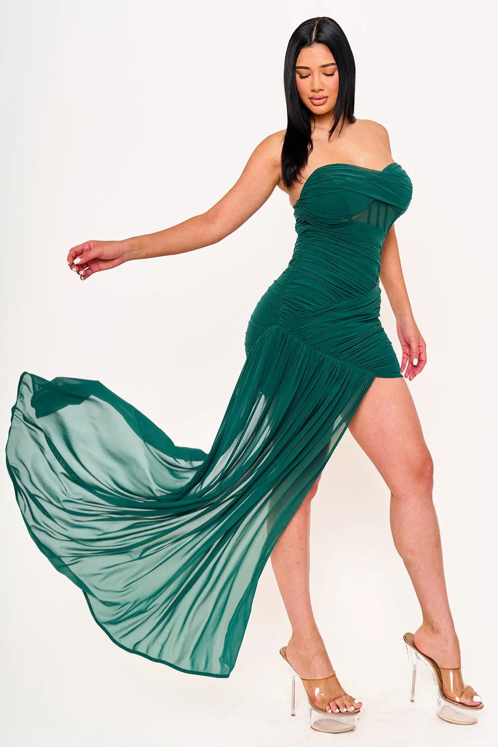 Mesh Corset Mini Dress – Sheer Shirring Sweetheart Neckline Zipper Back BOUTINIE