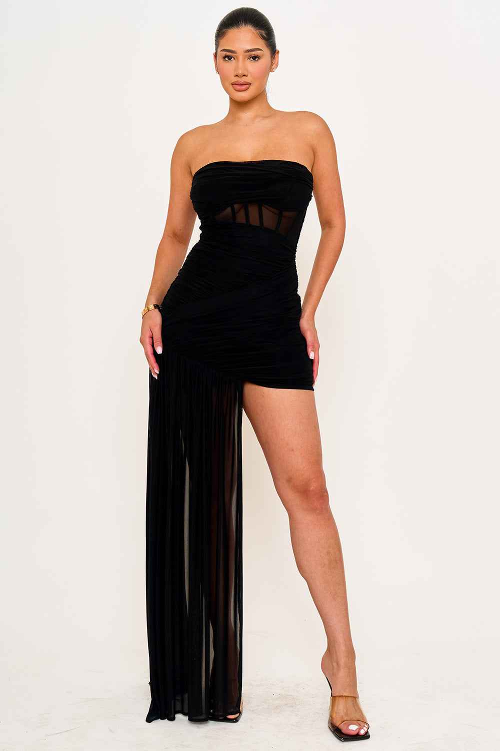 [open Packs] Mesh Shirring Detailed Corset Ribs Mini Dress