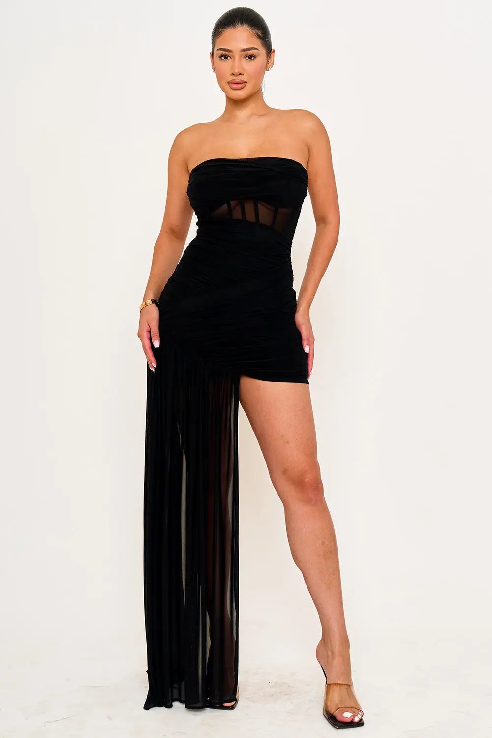 Mesh Corset Mini Dress – Sheer Shirring Sweetheart Neckline Zipper Back BOUTINIE