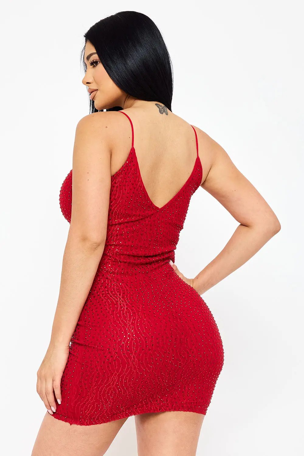 Rhinestone Mini Dress - Spaghetti Strap Low Back Slip-On BOUTINIE