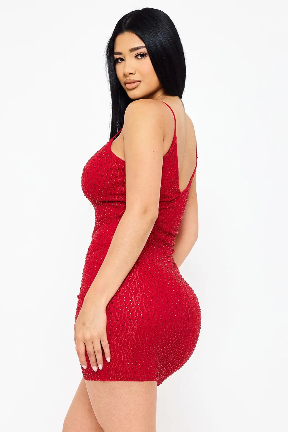 Rhinestone Mini Dress - Spaghetti Strap Low Back Slip-On BOUTINIE