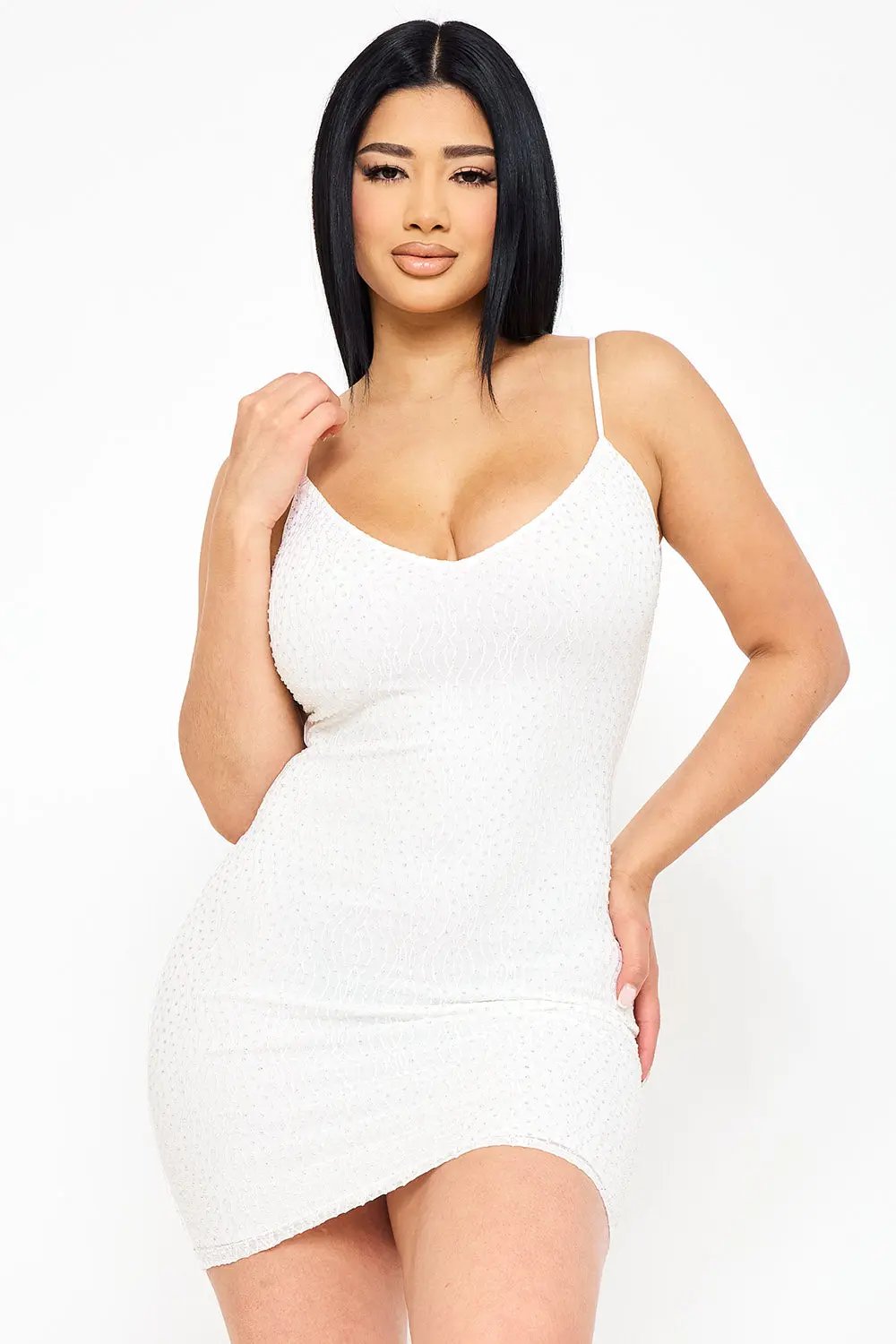 Rhinestone Mini Dress - Spaghetti Strap Low Back Slip-On BOUTINIE