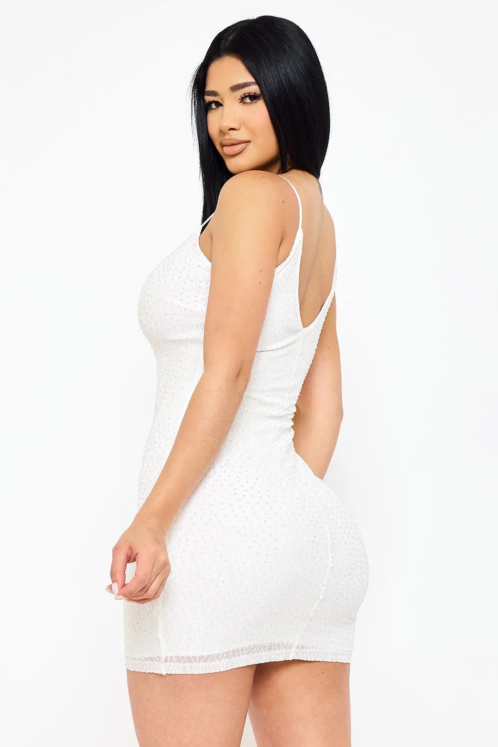 Rhinestone Mini Dress - Spaghetti Strap Low Back Slip-On BOUTINIE