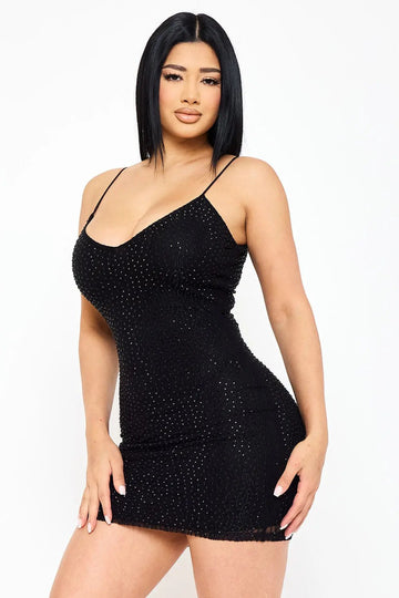 Rhinestone Mini Dress - Spaghetti Strap Low Back Slip-On BOUTINIE