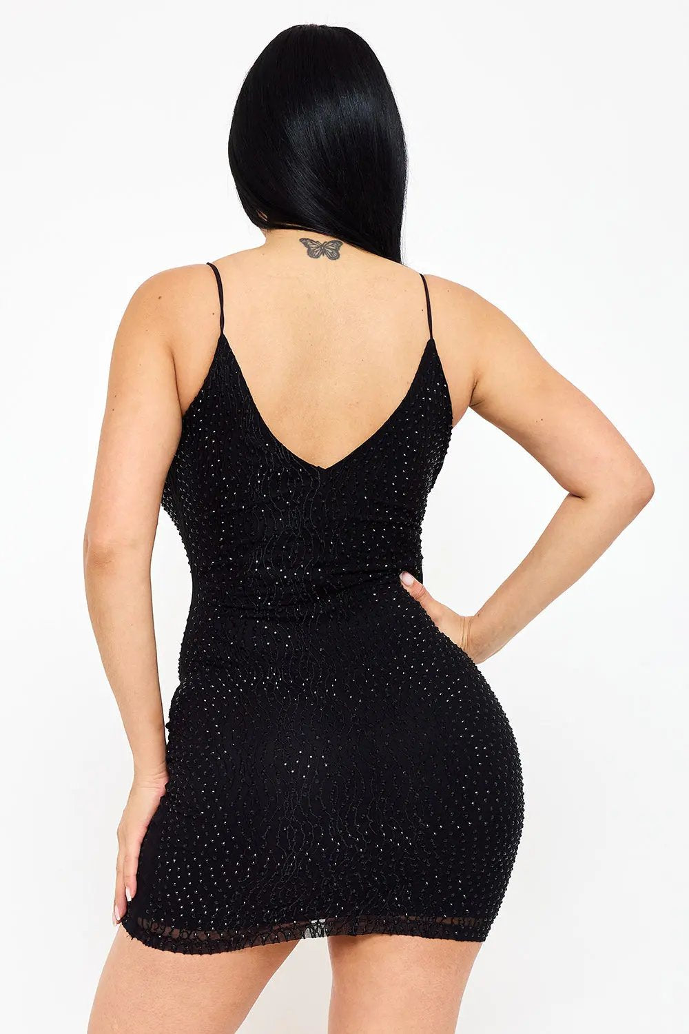 Rhinestone Mini Dress - Spaghetti Strap Low Back Slip-On BOUTINIE