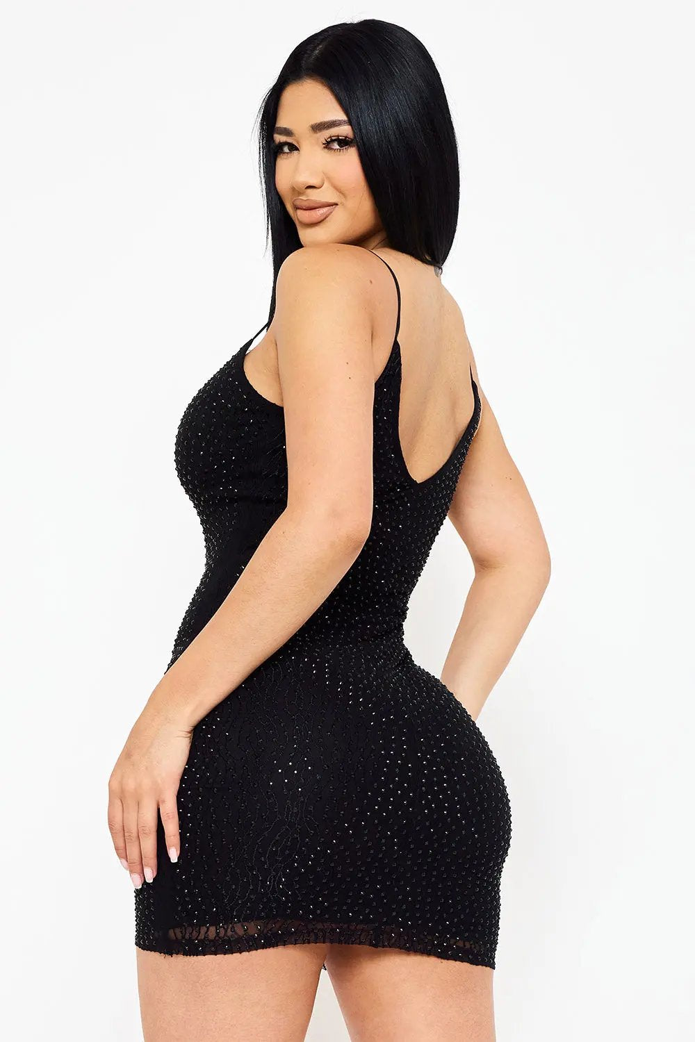 Rhinestone Mini Dress - Spaghetti Strap Low Back Slip-On BOUTINIE