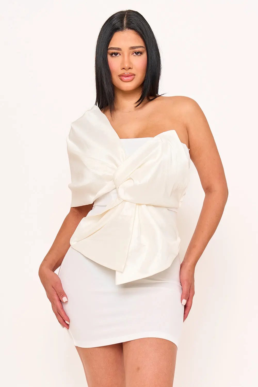 One Shoulder Mini Dress - Twist Tie Front Pleated Detail BOUTINIE