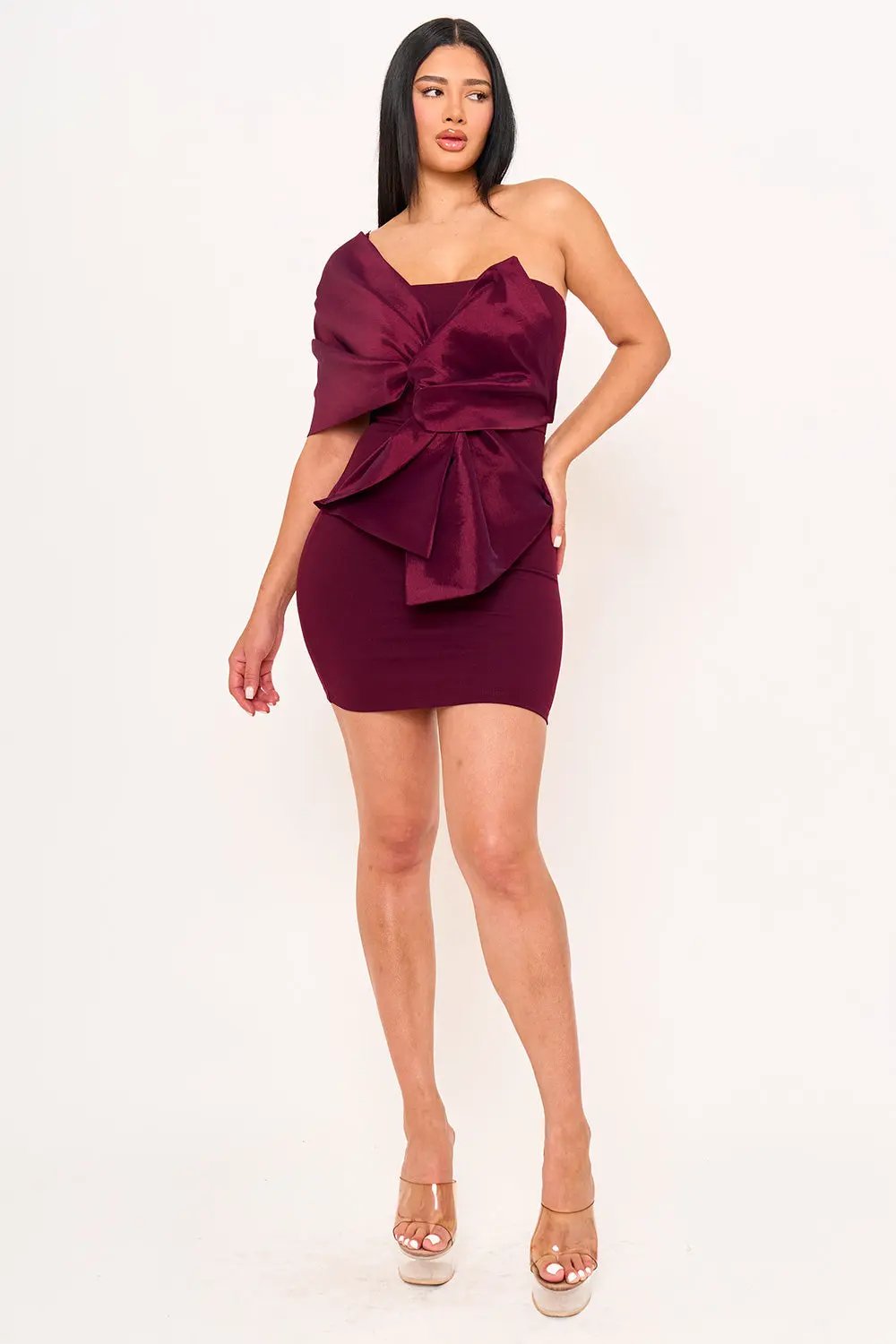 One Shoulder Mini Dress - Twist Tie Front Pleated Detail BOUTINIE
