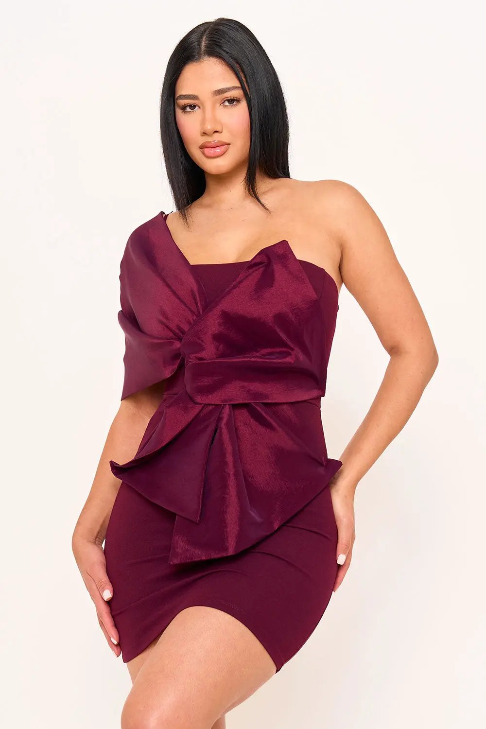 One Shoulder Mini Dress - Twist Tie Front Pleated Detail BOUTINIE