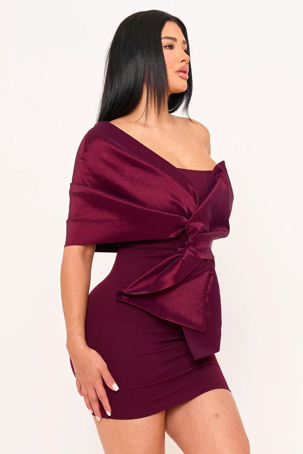 One Shoulder Mini Dress - Twist Tie Front Pleated Detail BOUTINIE