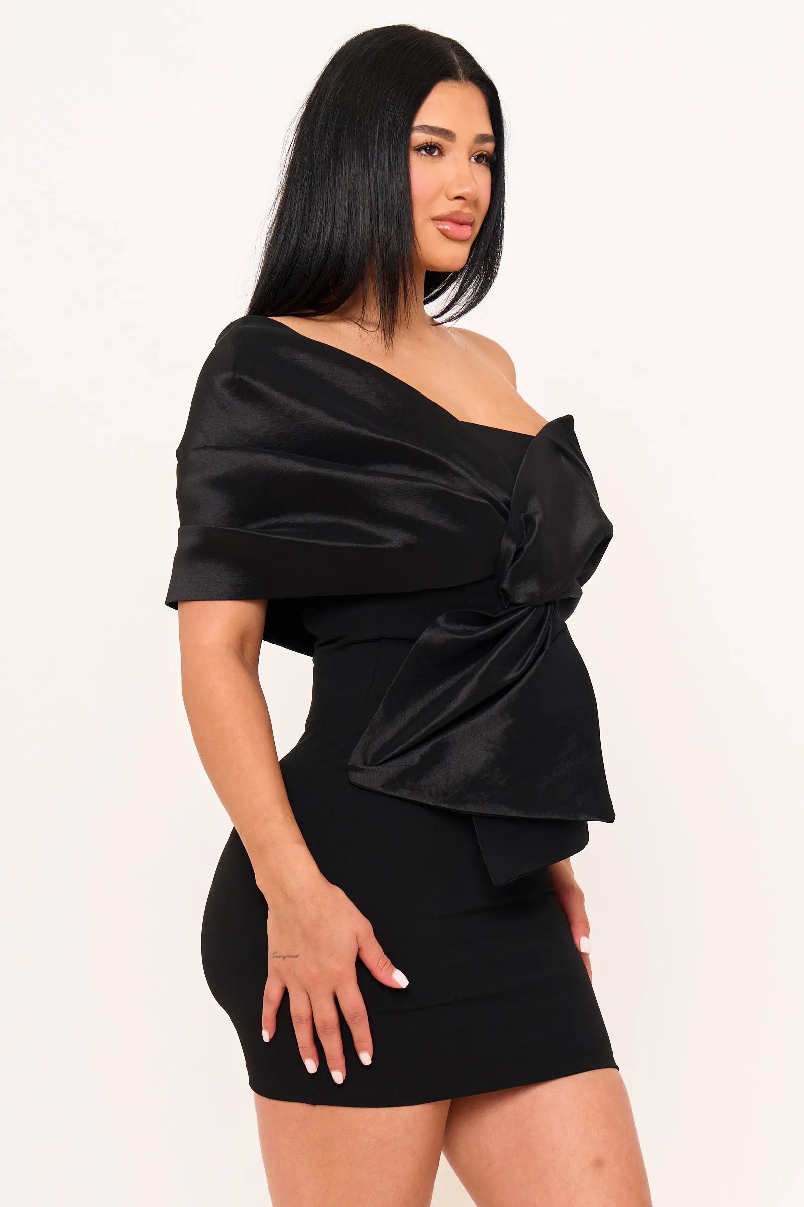 One Shoulder Mini Dress - Twist Tie Front Pleated Detail BOUTINIE