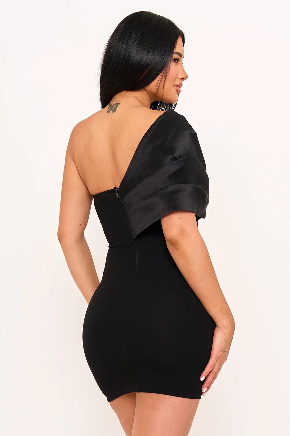 One Shoulder Mini Dress - Twist Tie Front Pleated Detail BOUTINIE