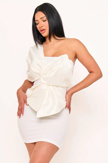 One Shoulder Mini Dress - Twist Tie Front Pleated Detail BOUTINIE