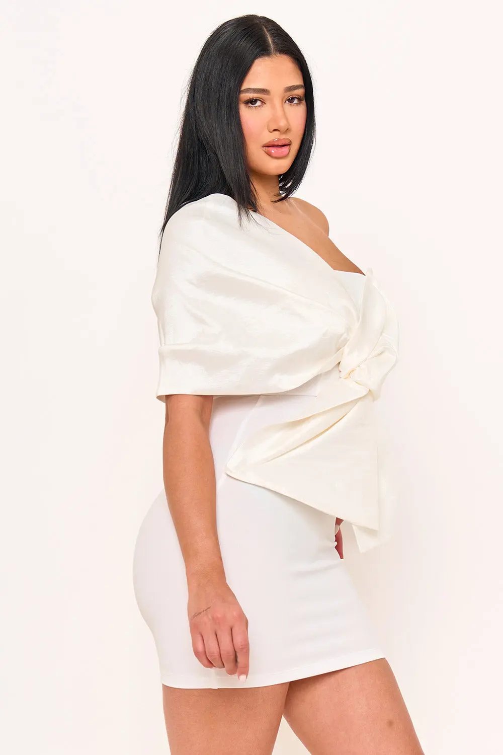 One Shoulder Mini Dress - Twist Tie Front Pleated Detail BOUTINIE