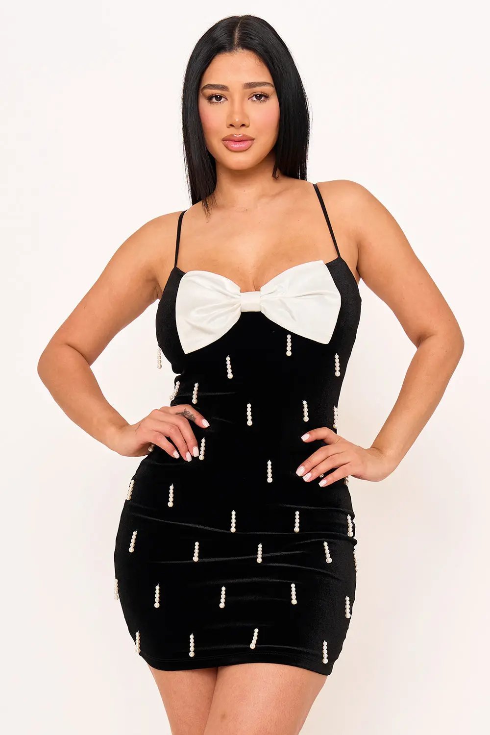 Velvet Mini Dress With Pearl Beaded Tassel & Adjustable Strap BOUTINIE