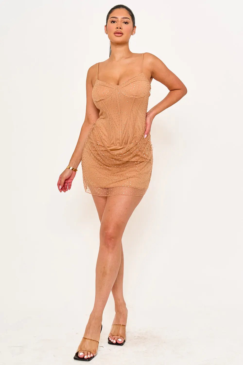 Mesh Mini Dress - Rhinestone Overlay Bustier Top With Adjustable Straps BOUTINIE