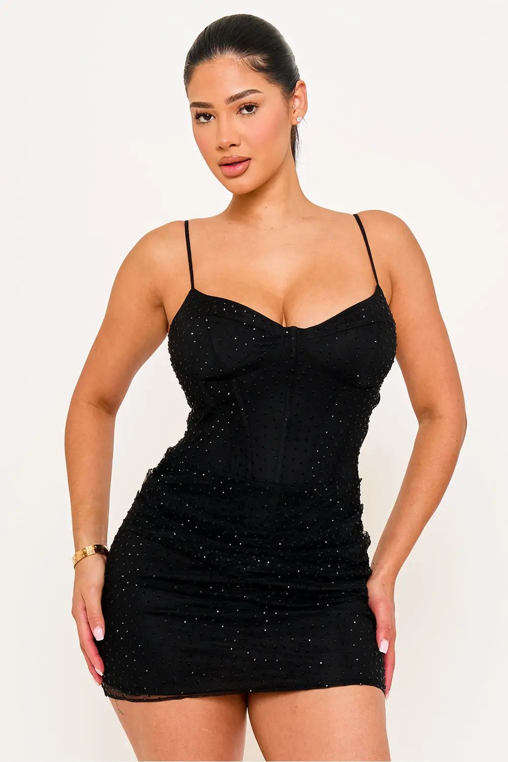 Mesh Mini Dress - Rhinestone Overlay Bustier Top With Adjustable Straps BOUTINIE