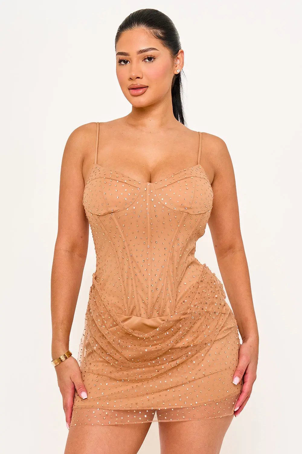 Mesh Mini Dress - Rhinestone Overlay Bustier Top With Adjustable Straps BOUTINIE
