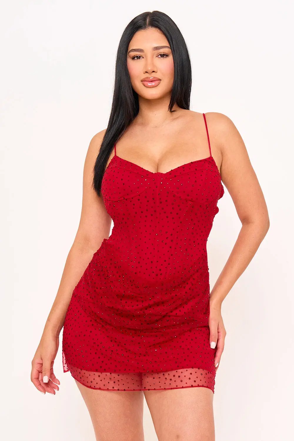 Mesh Mini Dress - Rhinestone Overlay Bustier Top With Adjustable Straps BOUTINIE