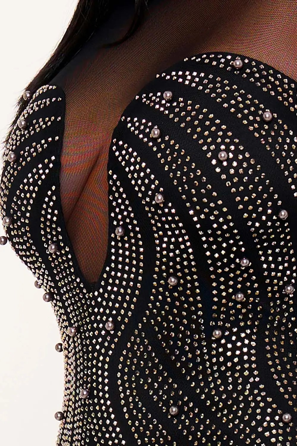 Mesh Mini Dress - Patterned Rhinestone Pearl Sheer Long Sleeve BOUTINIE