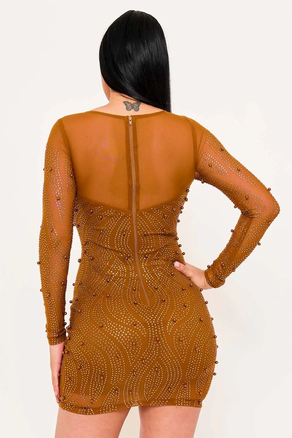 Mesh Mini Dress - Patterned Rhinestone Pearl Sheer Long Sleeve BOUTINIE