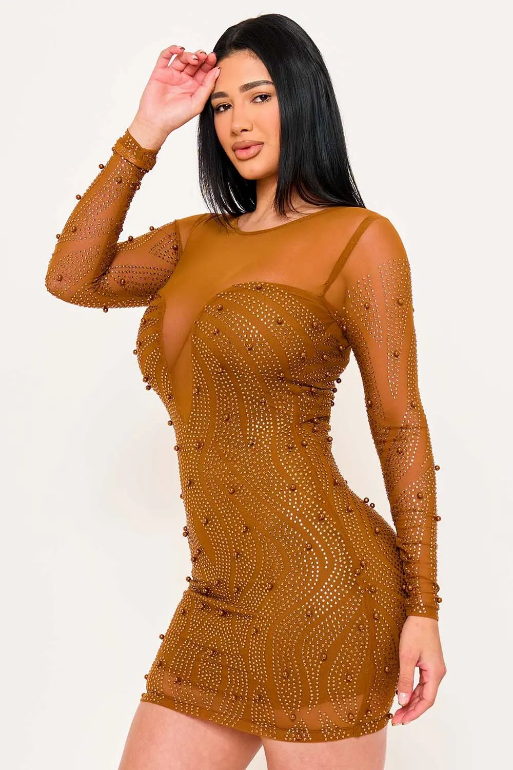 Mesh Mini Dress - Patterned Rhinestone Pearl Sheer Long Sleeve BOUTINIE