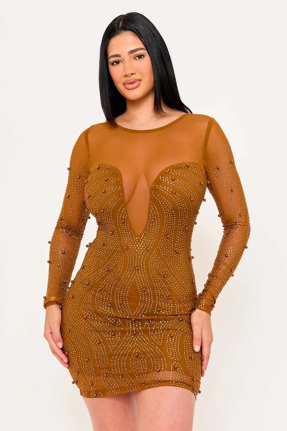 Mesh Mini Dress - Patterned Rhinestone Pearl Sheer Long Sleeve BOUTINIE