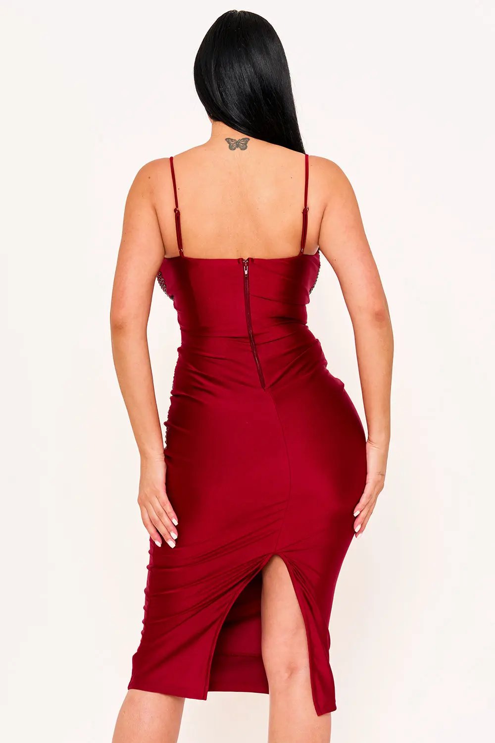 Satin Midi Slip Dress – Rhinestone Detail & Adjustable Strap for Formal Occasion BOUTINIE