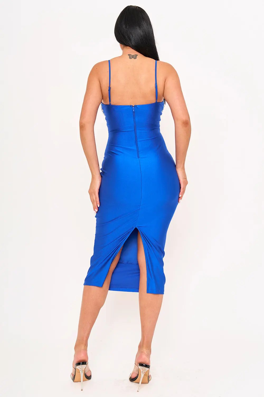 Satin Midi Slip Dress – Rhinestone Detail & Adjustable Strap for Formal Occasion BOUTINIE