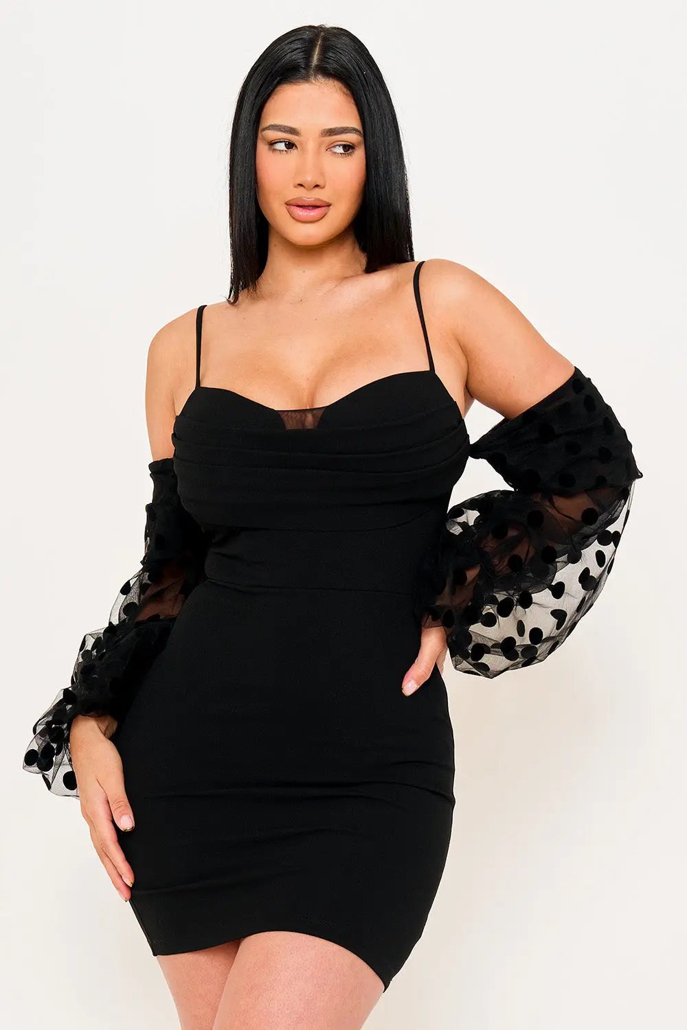 Polkadot Mini Dress - Mesh Balloon Sleeve Long Sleeve Party Dress BOUTINIE