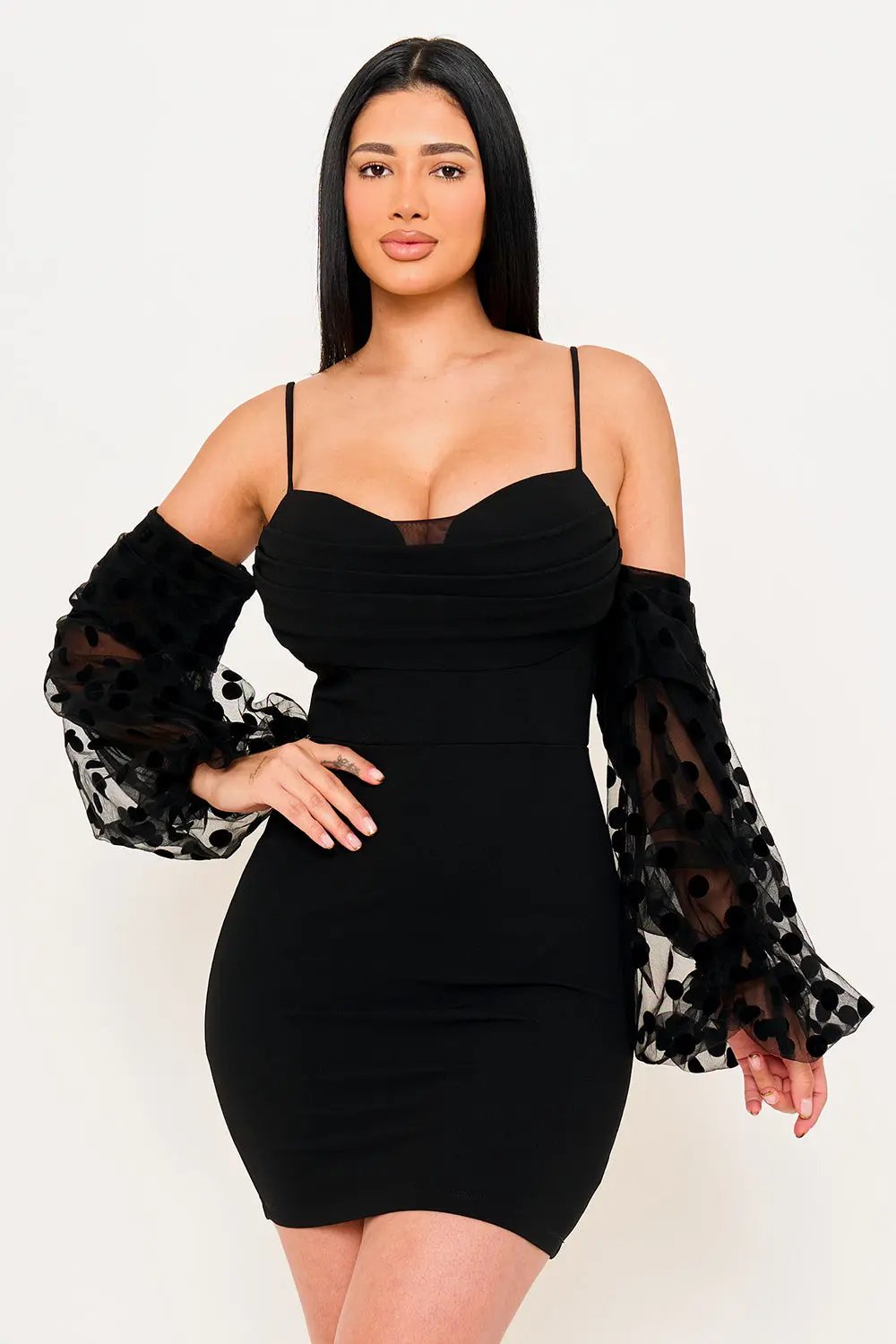 Polkadot Mini Dress - Mesh Balloon Sleeve Long Sleeve Party Dress BOUTINIE